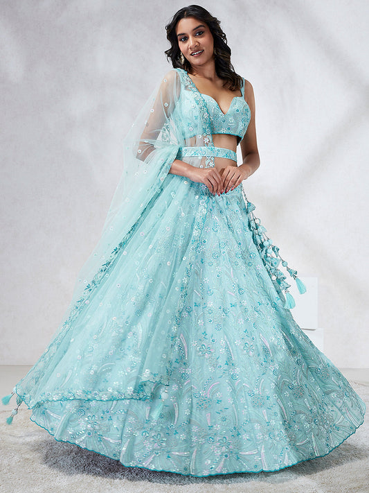 Turquoise Blue Georgette Sequins and thread embroidery Lehenga