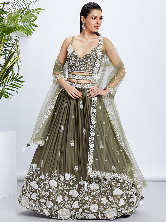 Olive Pure Georgette Sequins and thread embroidery Lehenga