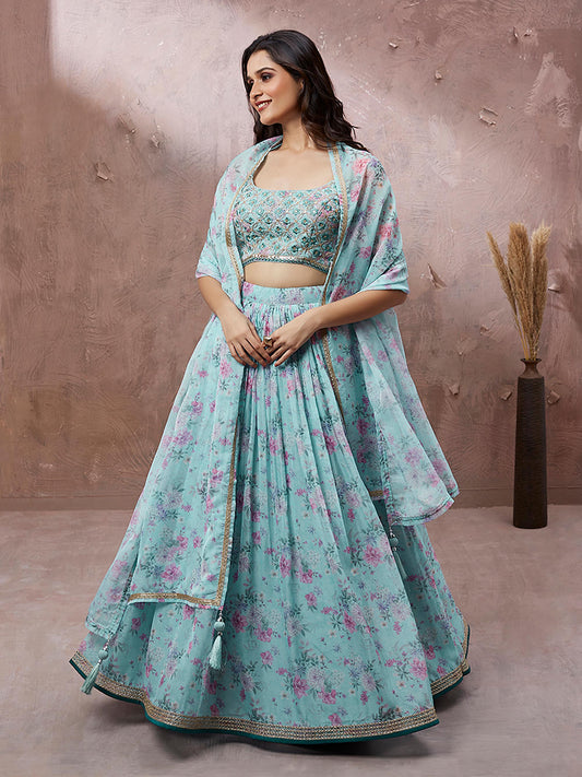 Turquoise Blue Organza Floral Printed Lehenga choli & Dupatta