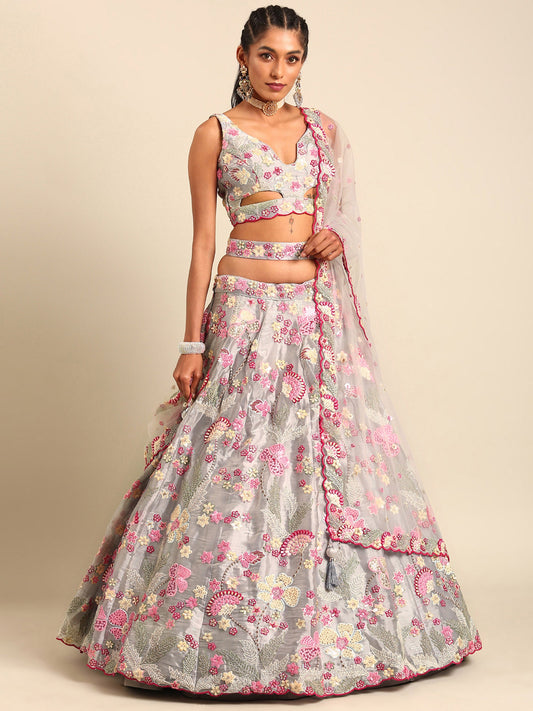 Grey Organza Sequins and Zarkan embroidery Lehenga