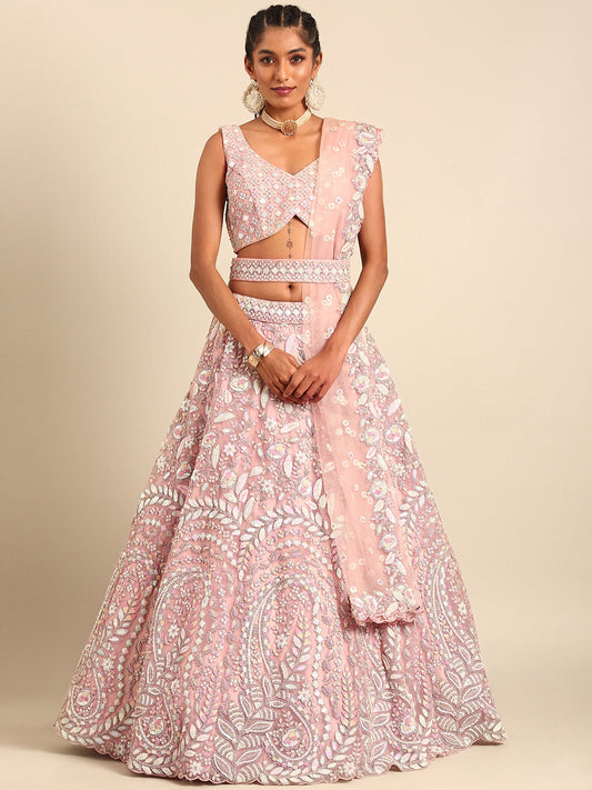 Pink Net Multi Sequins & Zarkan Embroidery Bridesmaid Lehenga