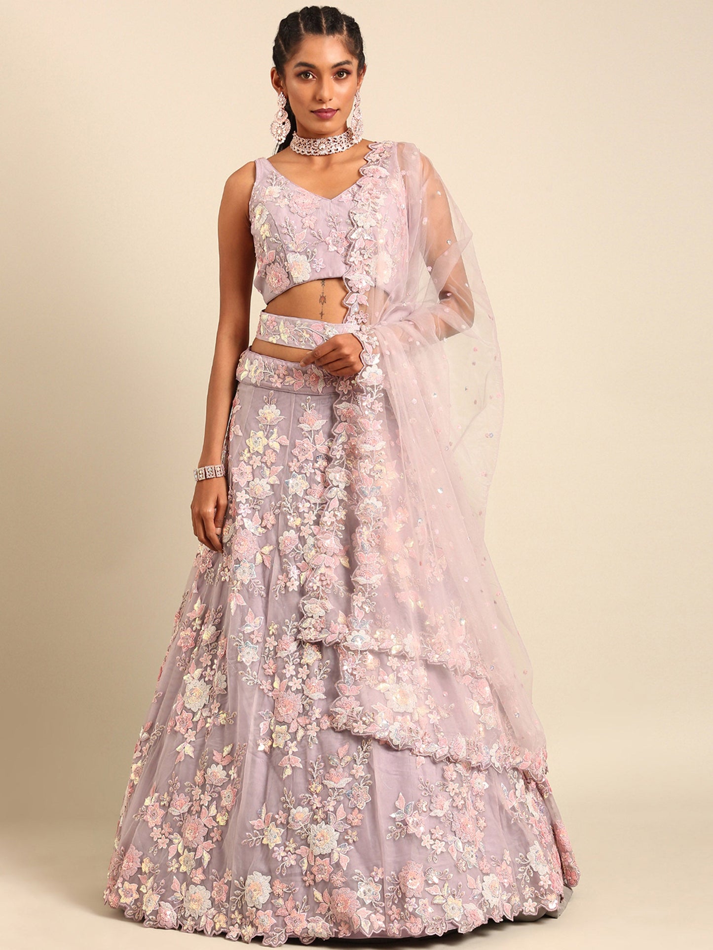 Mauve Net Zarkan embroidery Lehenga