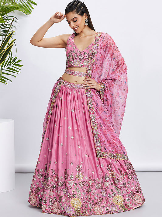 Pink Chiffon Sequins and thread embroidery Lehenga Printed Dupatta