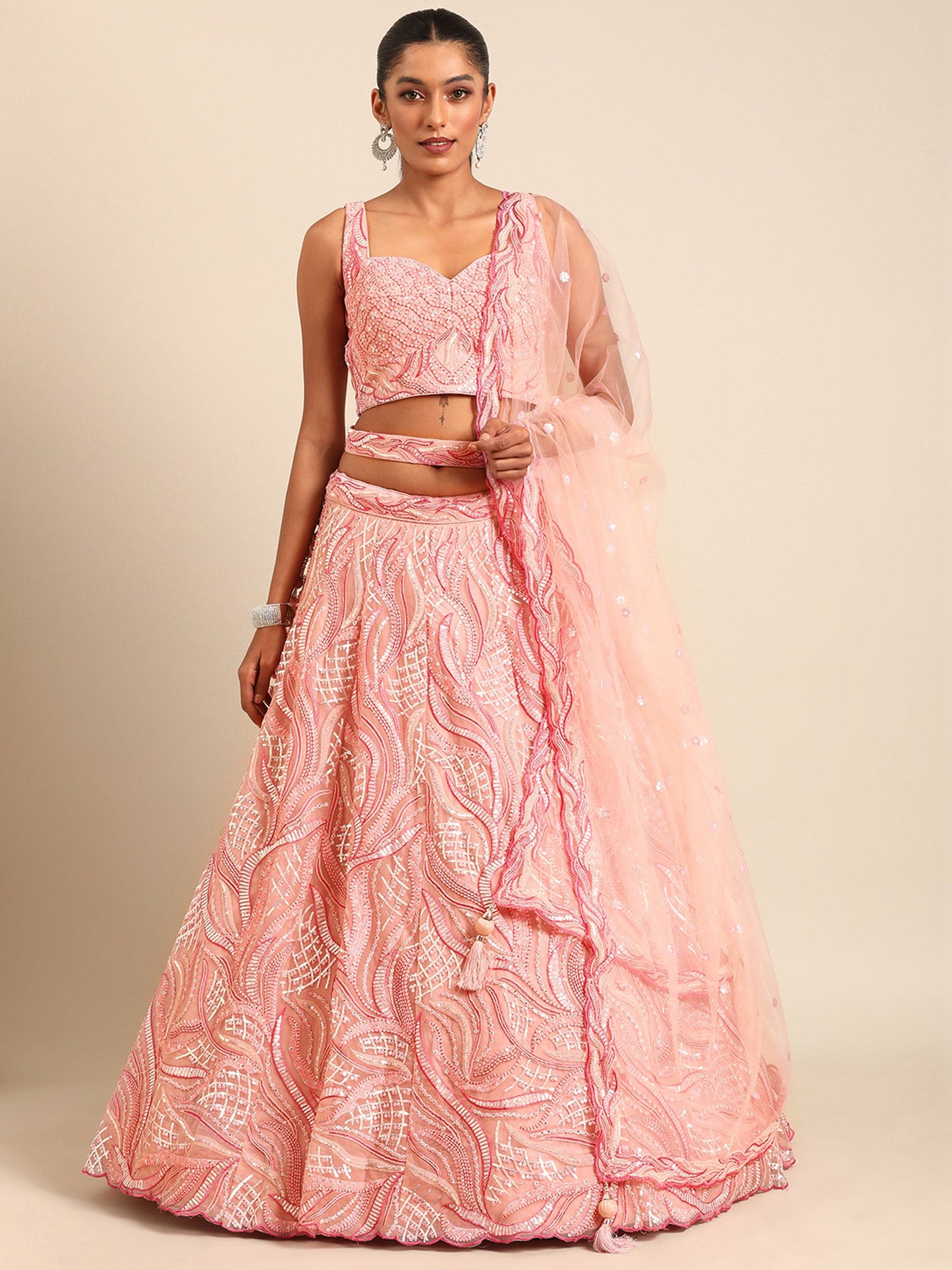 Coral Pink Net Sequins and Zarkan embroidery Lehenga