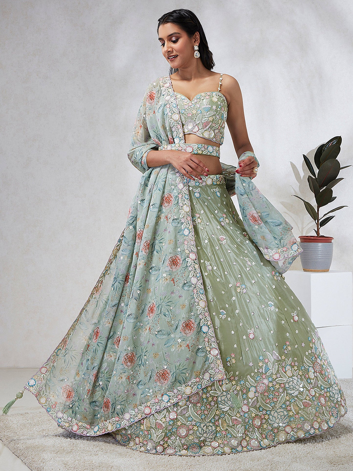 Lime green Chiffon Sequins and thread embroidery Lehenga