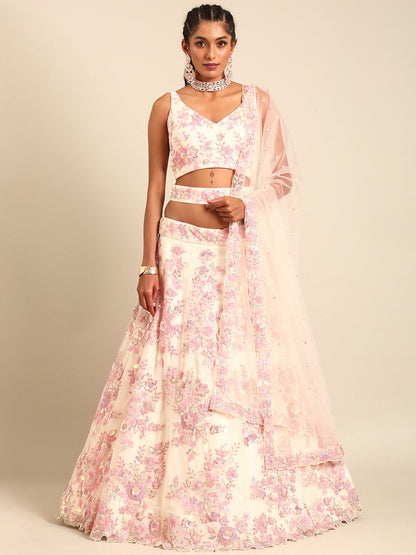 Cream Net Sequins with heavy Zarkan embroidery Lehenga