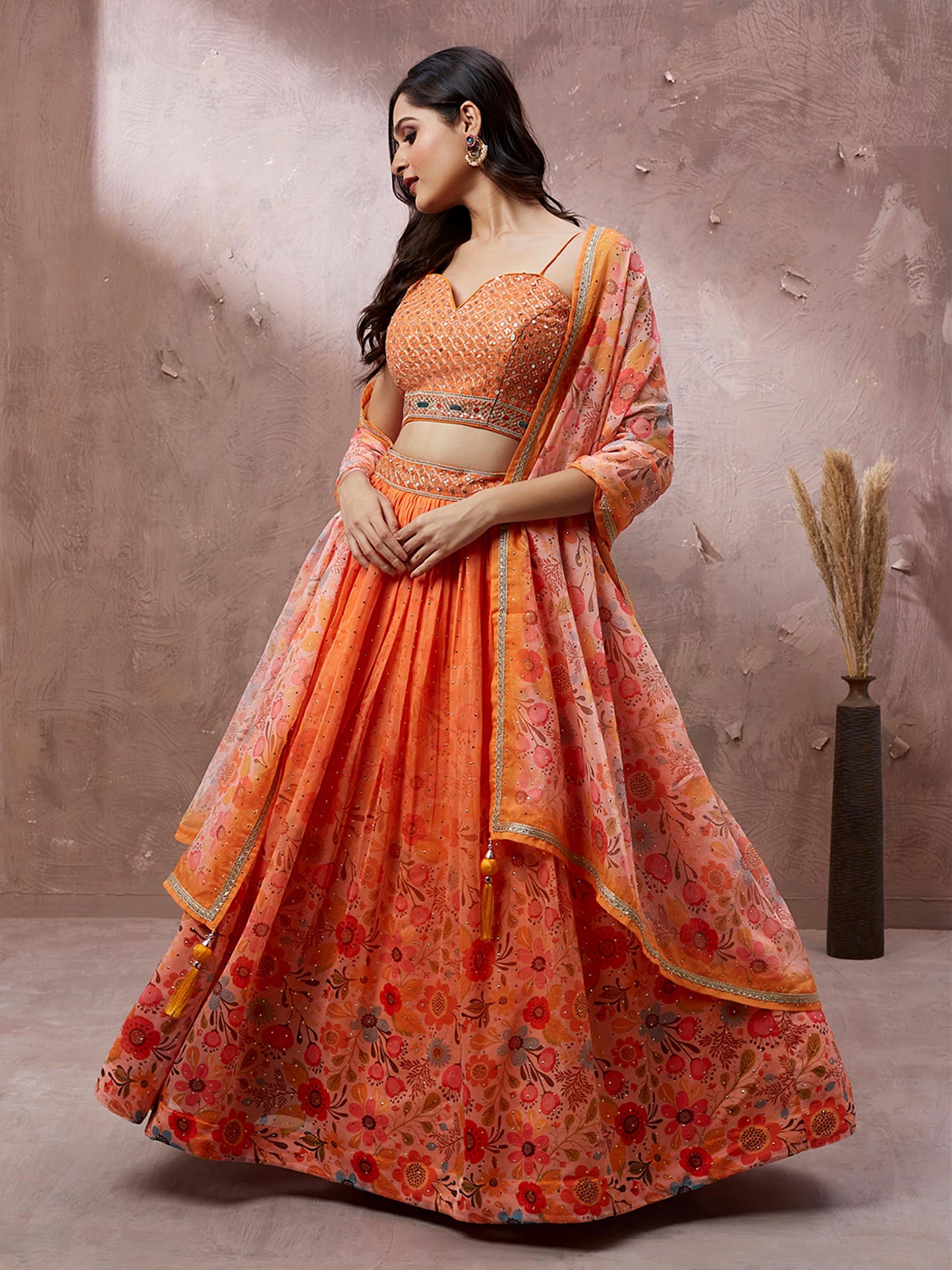 Orange Organza Floral Printed Lehenga choli & Dupatta