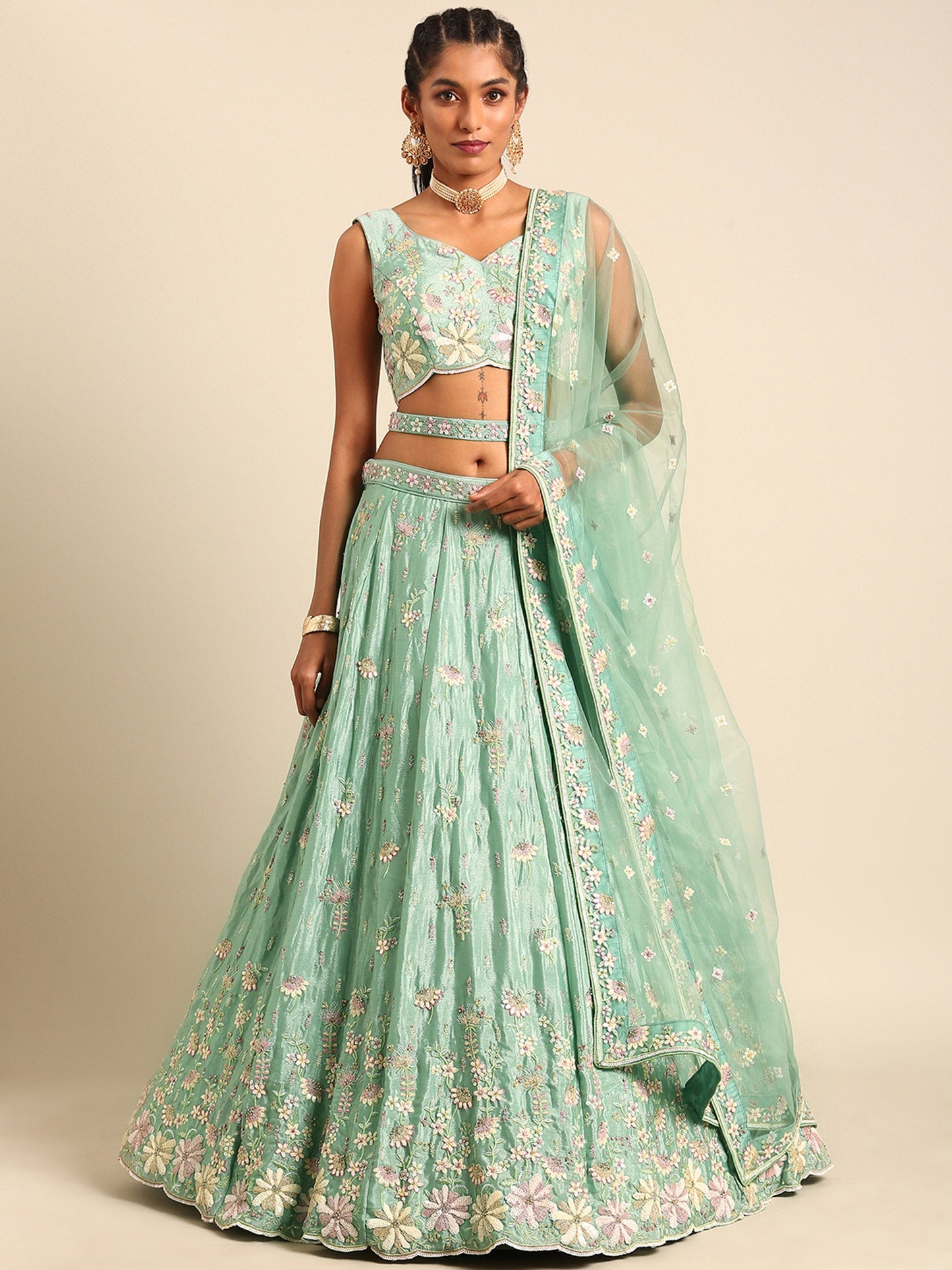 Sea Green Georgette Sequins Embroidery Lehenga