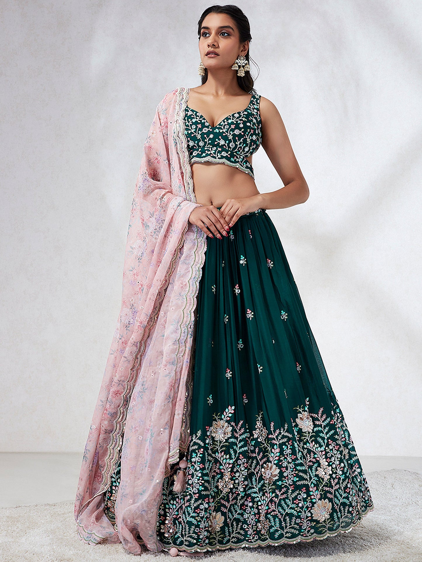 Teal - Georgette Sequins, Mirror and thread embroidery Lehenga choli