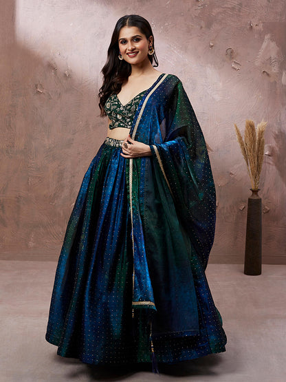 Teal Organza Digital Shibori Printed Lehenga