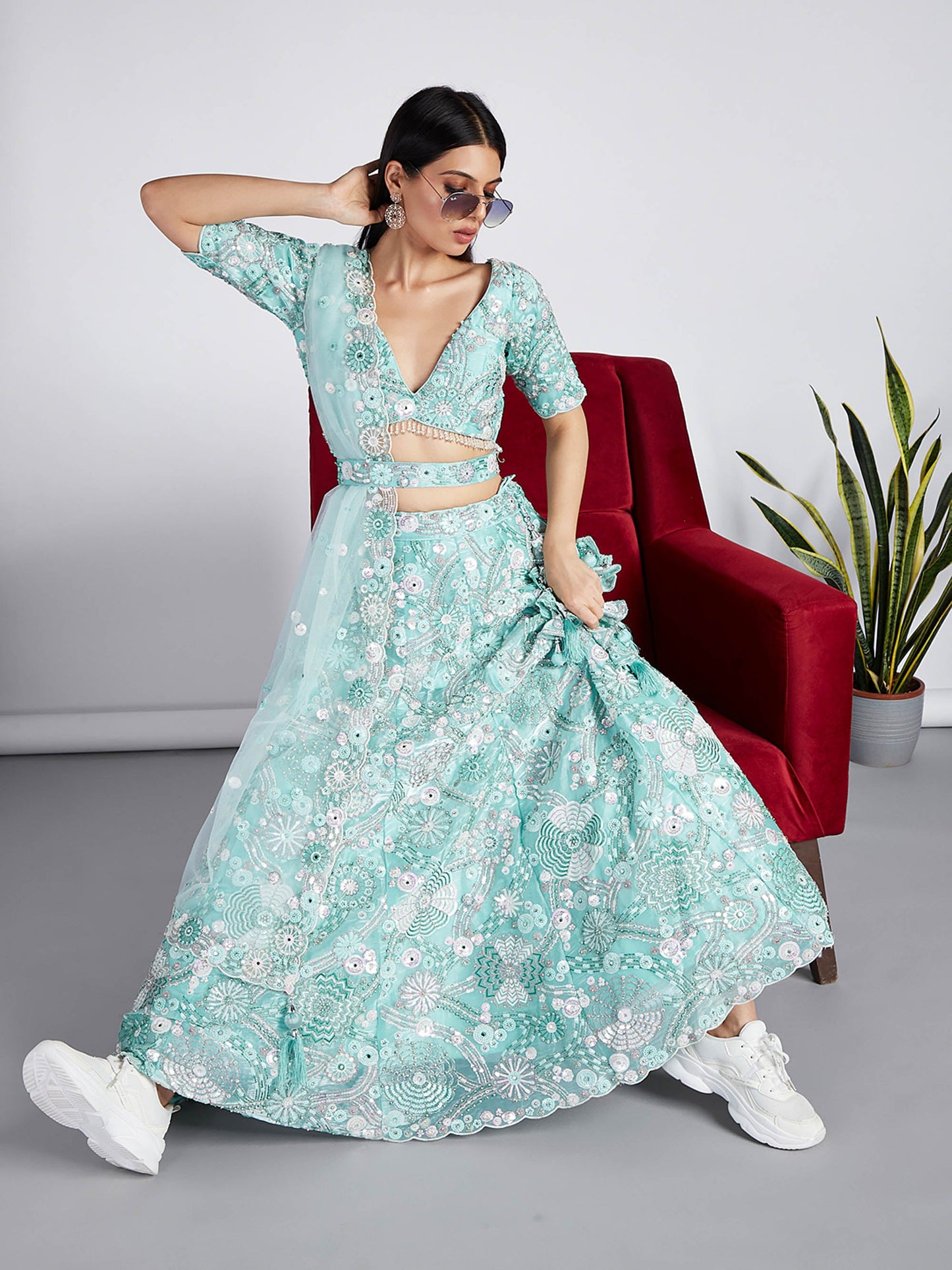 Turquoise blue Organza Sequins, Zarkan and thread embroidery Lehenga