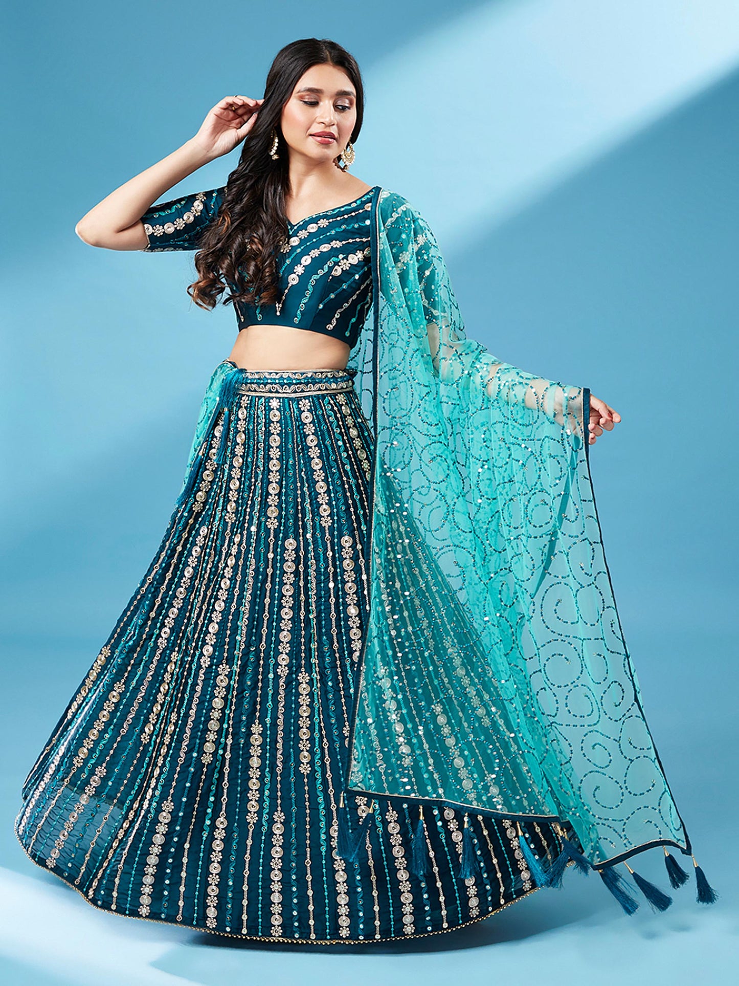 Teal Pure Georgette Sequinse Work Lehenga