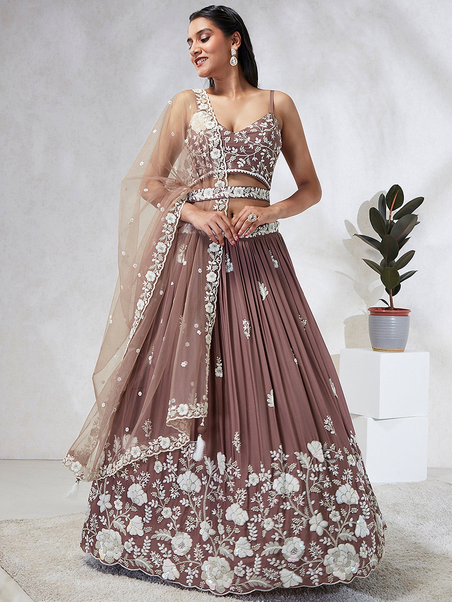 Rose gold  Georgette Sequins and thread embroidery Lehenga