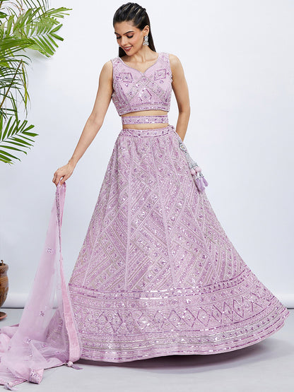 Lavender Net Cutdana, Sequins and Zarkan embroidery Lehenga