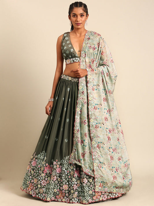 Olive Chinon Sequins embroidery Lehenga