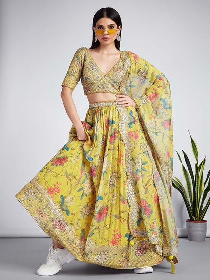 Mustard colour Organza Floral design digital print Lehenga