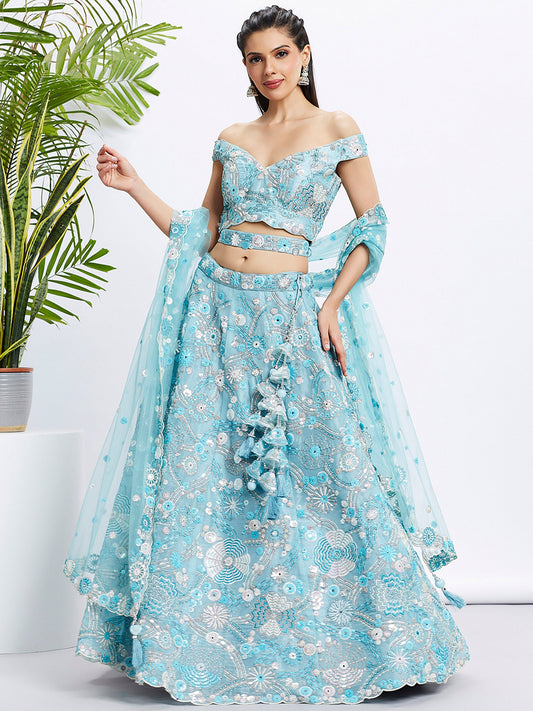 Sky blue Organza Sequins, Zarkan and thread embroidery Lehenga