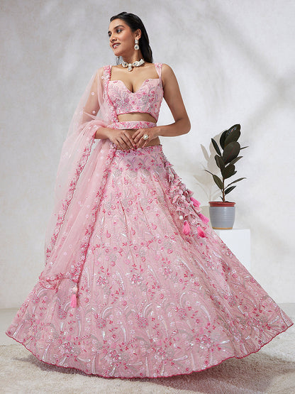 Pink Georgette Sequins and thread embroidery Lehenga