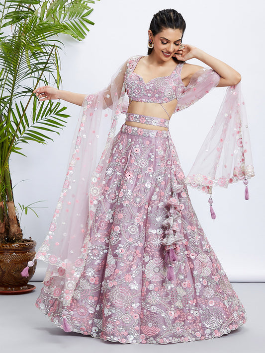 Mauve Organza Sequins, Zarkan and thread embroidery Lehenga