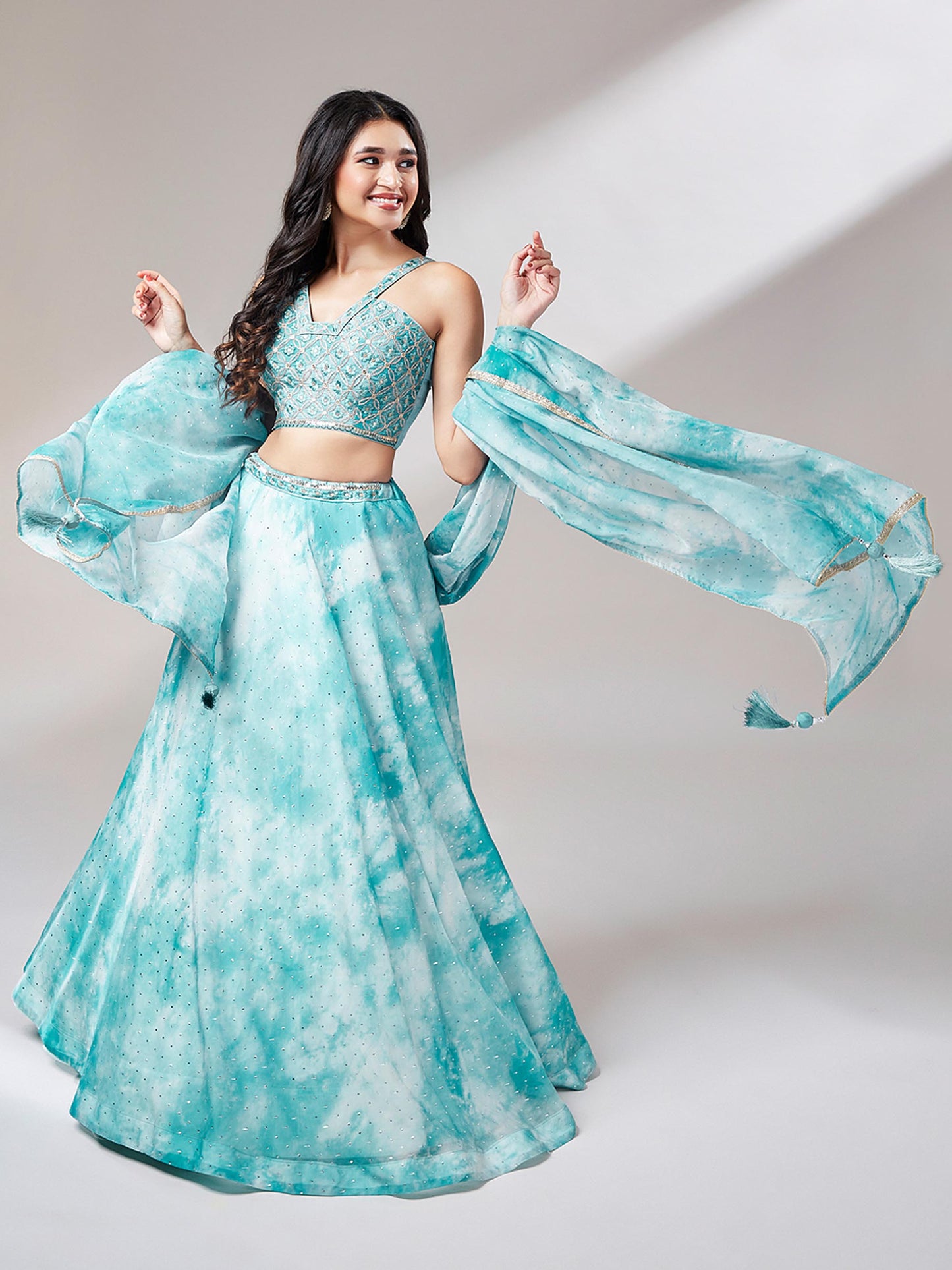 Turquoise Blue Organza Floral Printed Lehenga