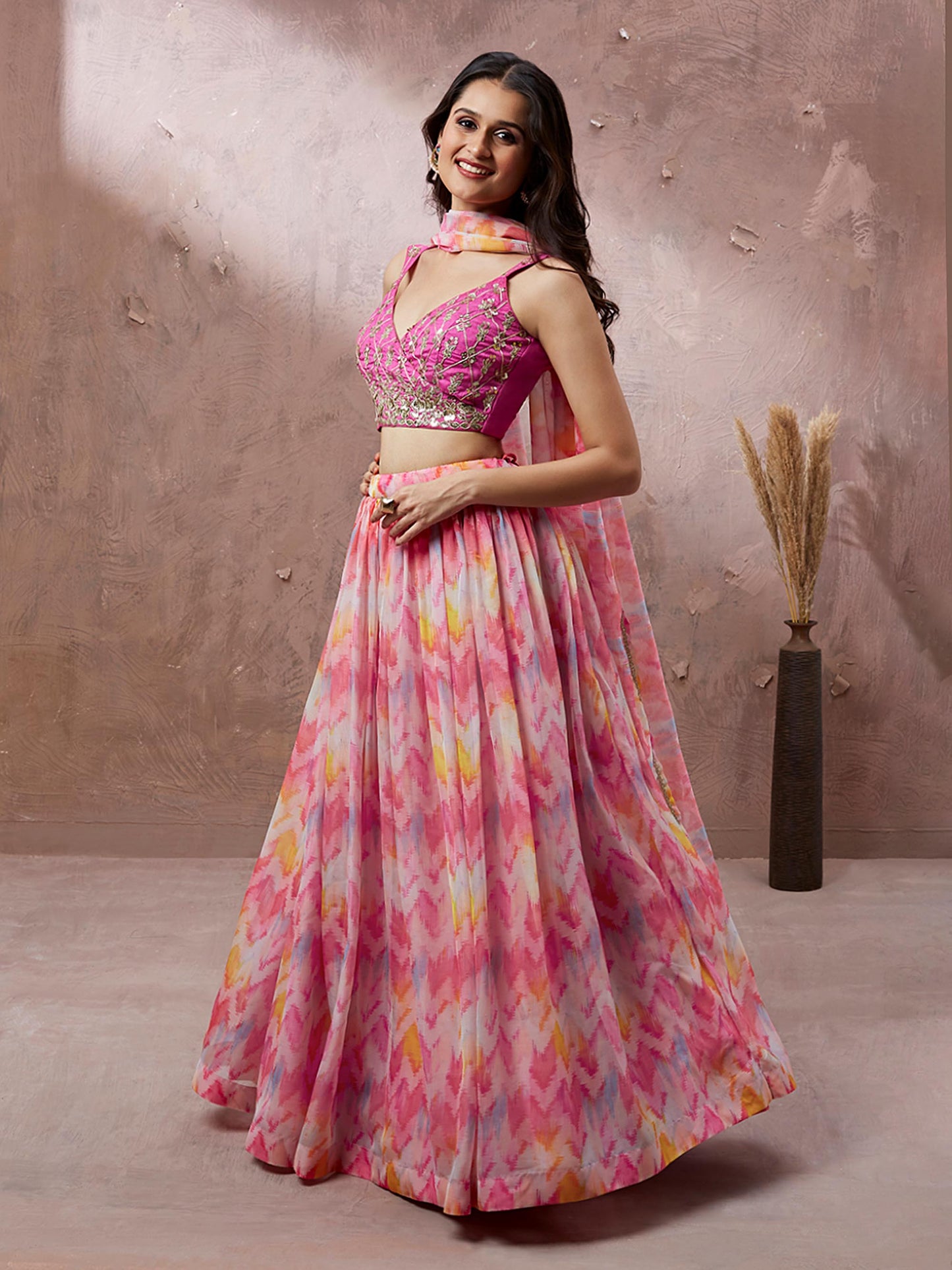 Pink Organza Floral Printed Lehenga choli & Dupatta