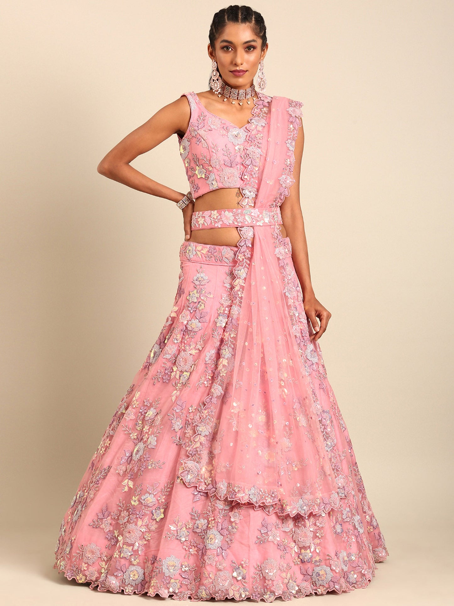 Pink Net Zarkan embroidery Lehenga