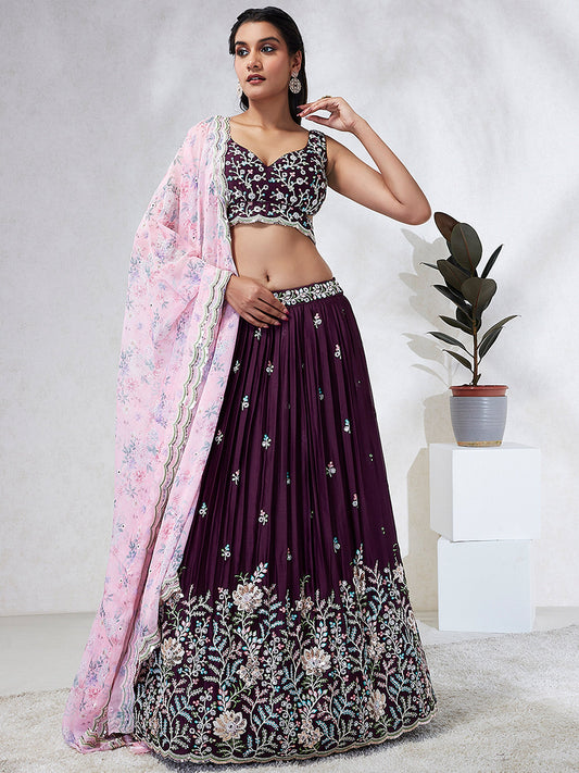 Burgundy Georgette Sequins, Mirror and thread embroidery Lehenga