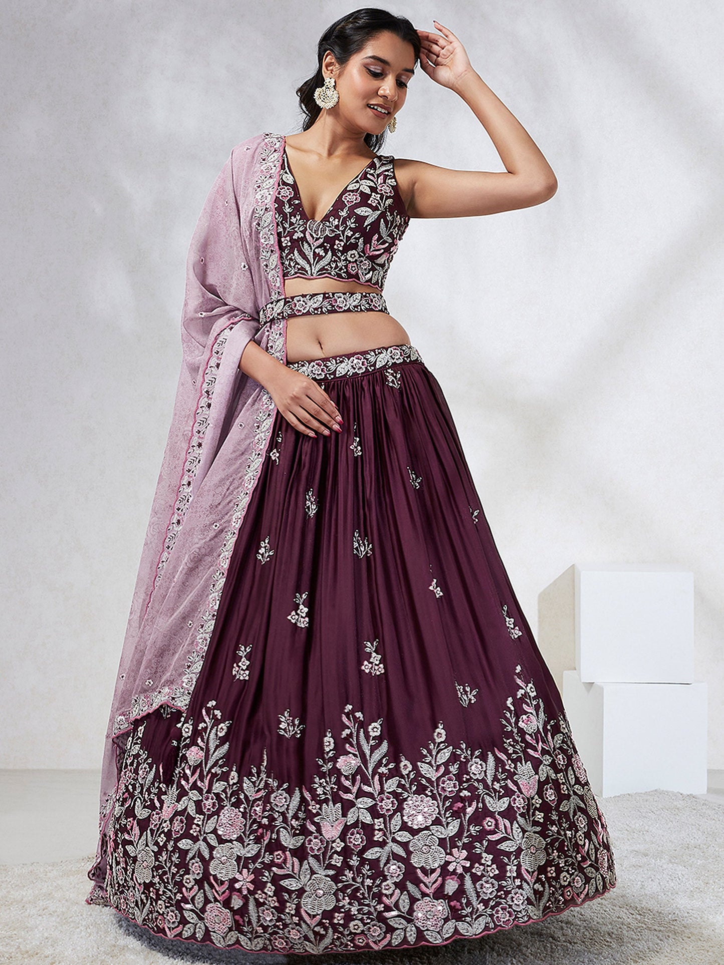 Burgundy  Georgette Sequins and thread embroidery Lehenga