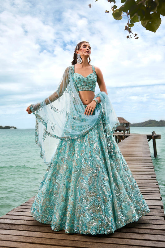 Turquoise Blue Net Sequins and Zarkan embroidery Lehenga