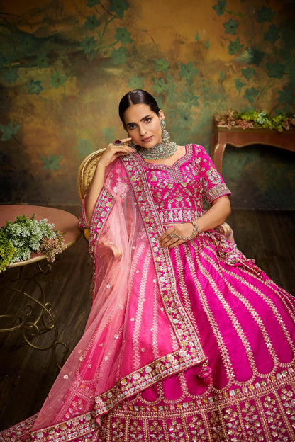 Pink Pure Silk Moti & Zarkan heavy embroidery Lehenga