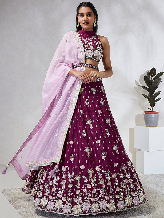 Burgundy  Georgette Sequins and thread embroidery Lehenga