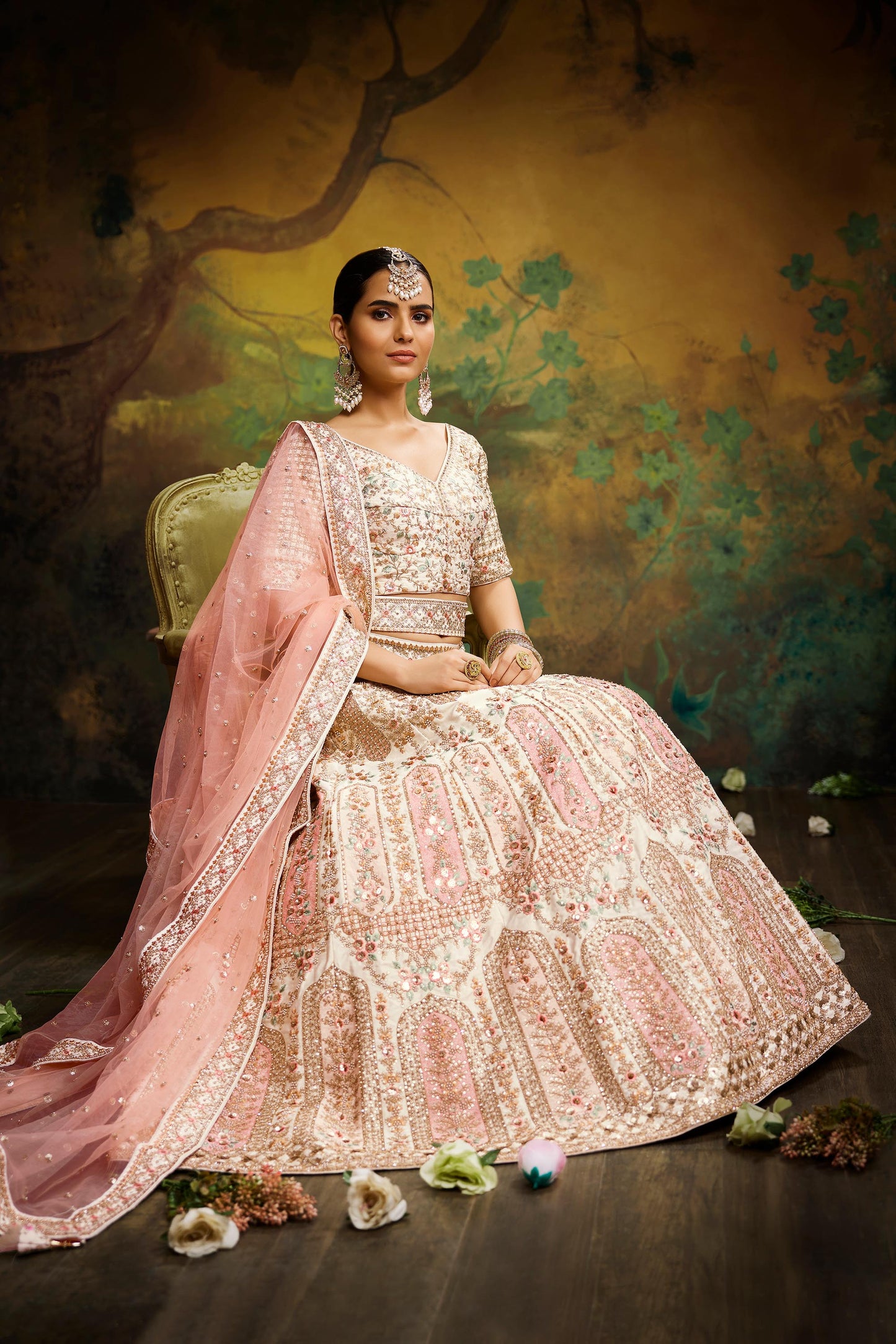 Off White Pure Silk Moti & Zarkan heavy embroidery Lehenga