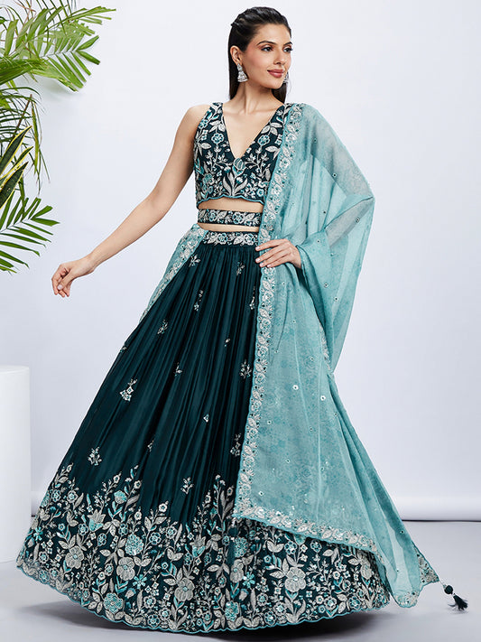 Teal Pure Georgette Sequins and thread embroidery Lehenga