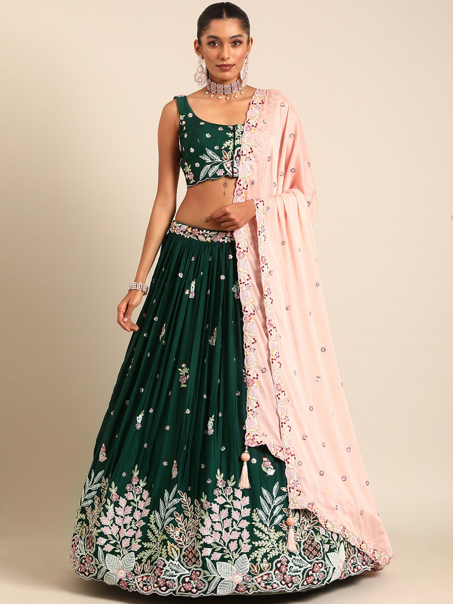 Green Georgette Sequins and thread embroidery Lehenga