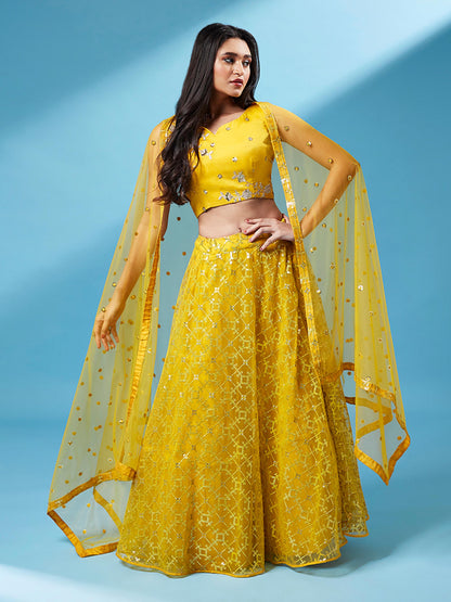 Mustard Net Sequinse Work Lehenga