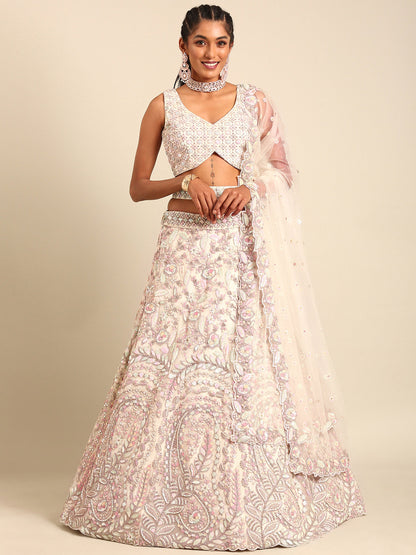 Cream Net Multi Sequins Embroidery Bridesmaid Lehenga