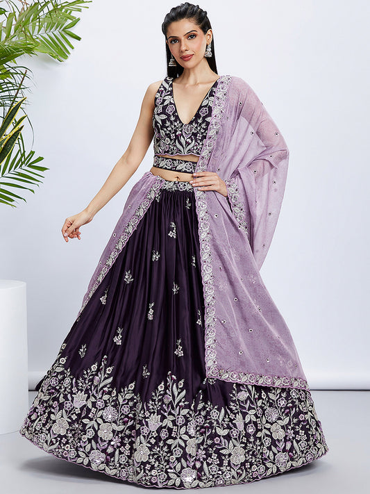 Purple Pure Georgette Sequins and thread embroidery Lehenga