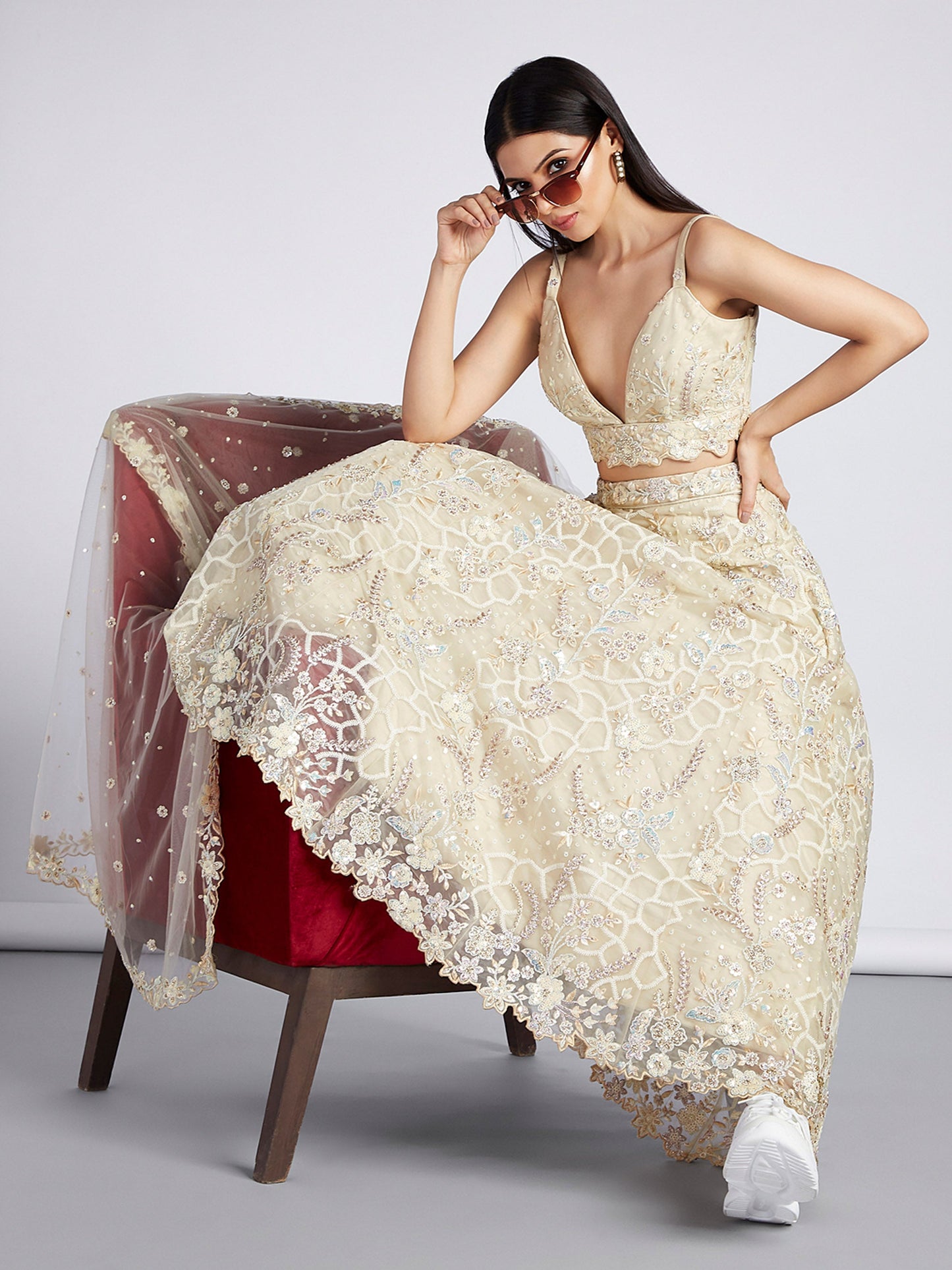 Cream Net Sequins & Zarkan Work Lehenga