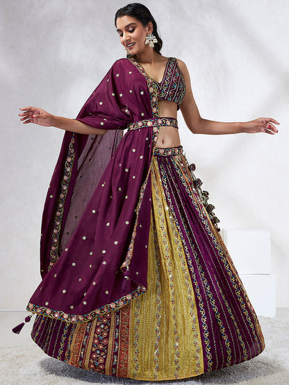 Burgundy Chiffon Position print with Sequins embroidery Lehenga