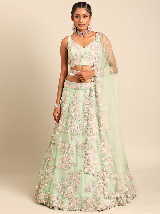 Lime Green Net Sequins Zarkan embroidery Lehenga