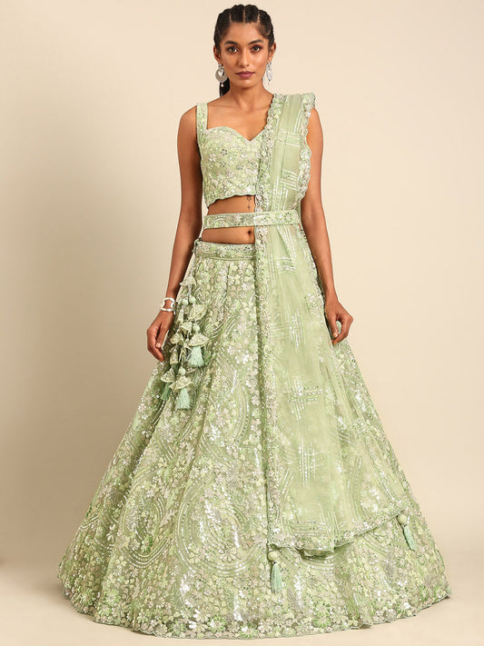 Lime Green Net Sequins and Zarkan embroidery Lehenga