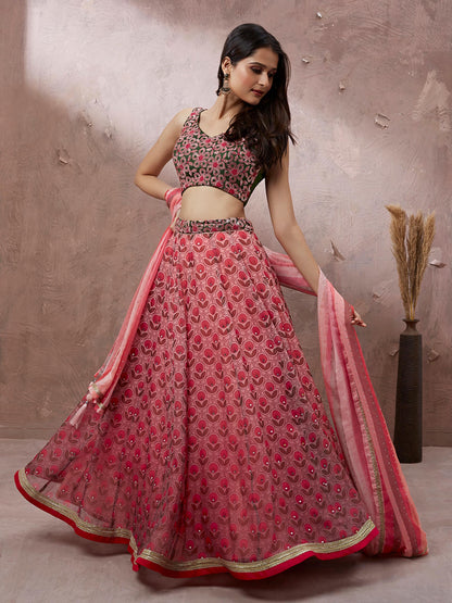 Red Organza Floral Printed Lehenga choli & Dupatta