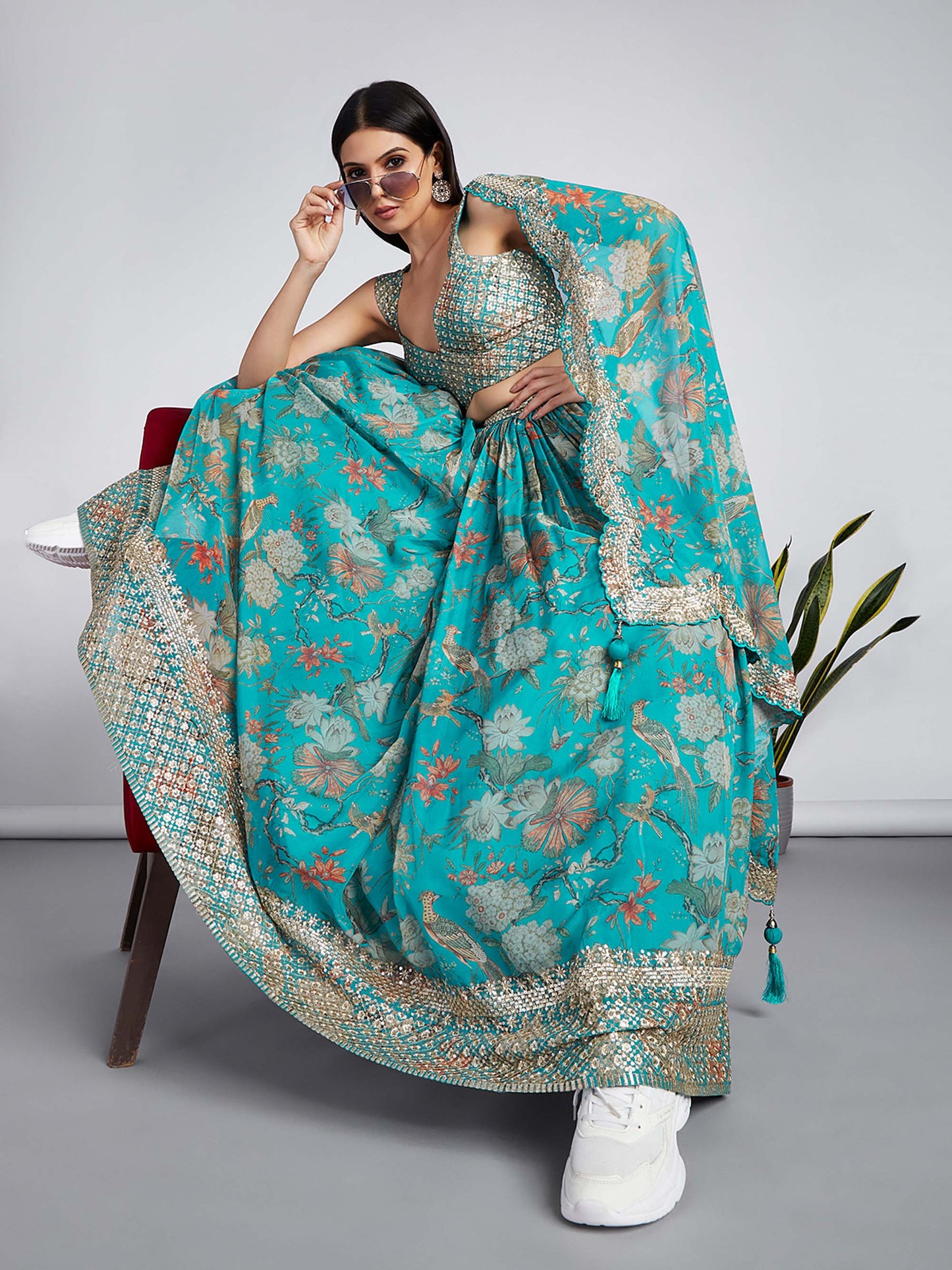 Sea green Organza Floral design digital print Lehenga