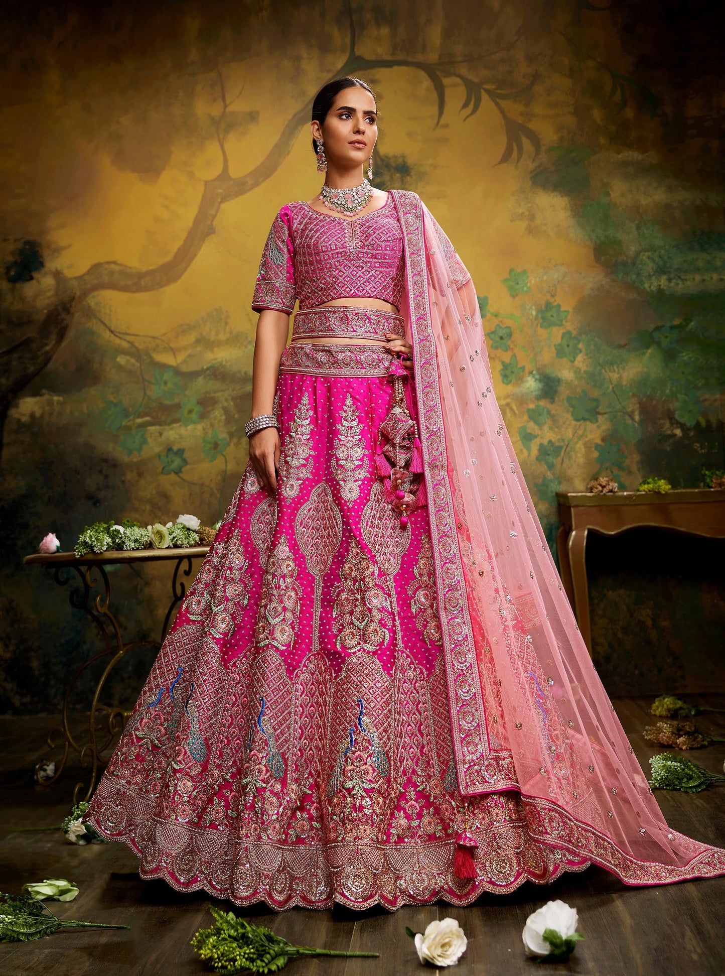 Pink Pure Silk Moti & Zarkan heavy embroidery Lehenga