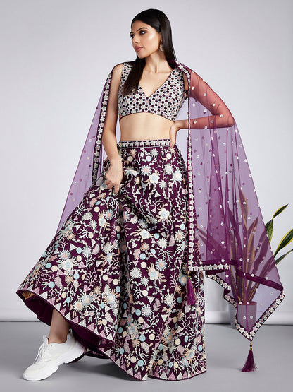 Burgundy Net heavy Sequins embroidery Lehenga