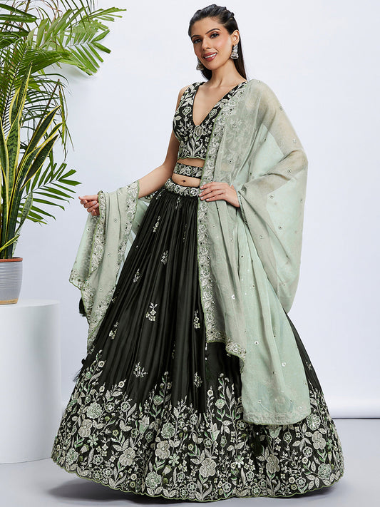 Olive Pure Georgette Sequins and thread embroidery Lehenga