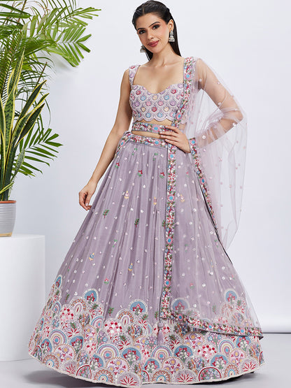 Mauve gold Pure Chiffon Sequins and thread embroidery Lehenga