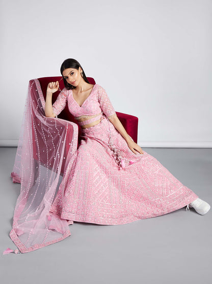 Pink Net Sequins, Zarkan and thread embroidery Lehenga choli & Dupatta