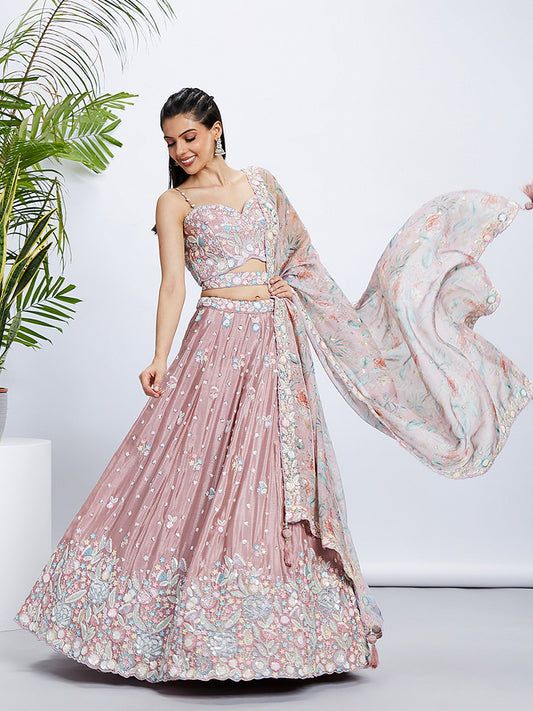 Rose gold Chiffon Sequins and thread embroidery Lehenga