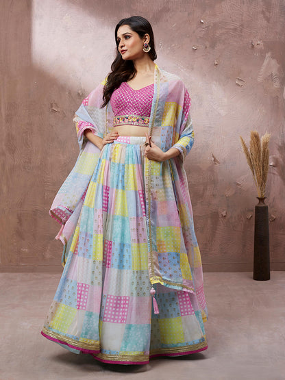 Multi color Organza Floral Printed Lehenga choli & Dupatta